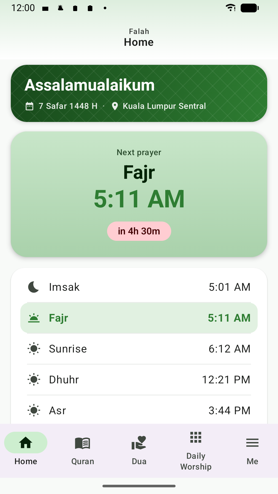 Falah home screen with prayer times
